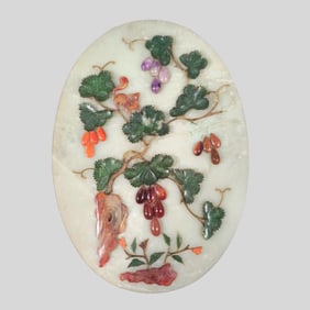 Chinese Jade Plaque with Coral, Goldstone, and Agate Grapes and Squirrel