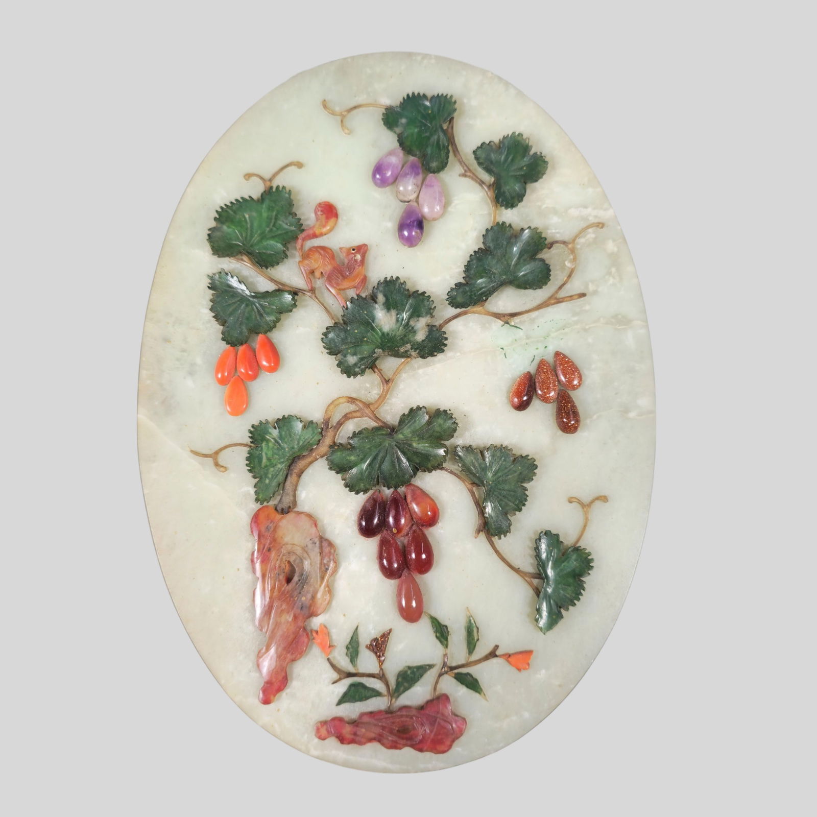 Chinese Jade Plaque with Coral, Goldstone, and Agate Grapes and Squirrel (1 of 8)