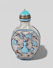 Chinese Rock Crystal Snuff Bottle with Blue Enamel Vase and Flower‑Bat Motifs, Qianlong Mark