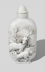 Chinese White Carved Porcelain Snuff Bottle with Goat and Kid