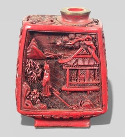 Finely Carved Cinnabar Snuff Bottle with Figures and Landscape, Possibly 18th Century