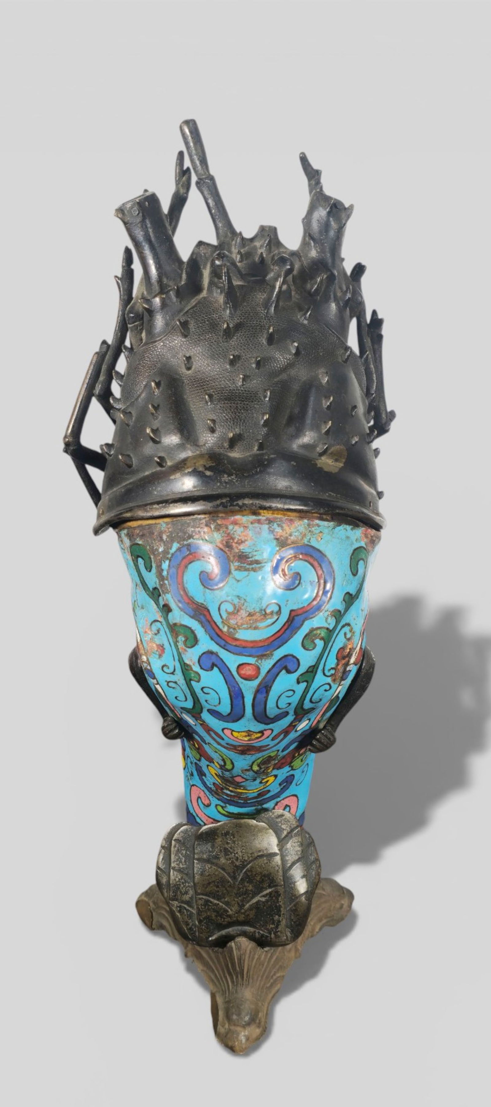 Chinese Ming Enamel‑Decorated Bronze Spiny Lobster on Later Stand: Chinese Ming Enamel‑Decorated Bronze Spiny Lobster on Later Stand. Rare and finely cast enamel‑decorated bronze model of a spiny lobster, dating to the Ming Dynasty. The sculpture shows ch