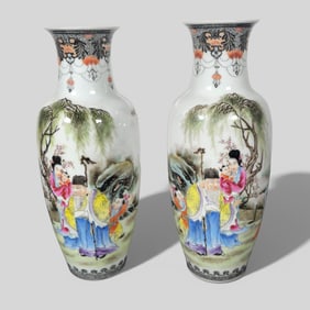 Chinese Mirrored Pair of Republican Period Vases with Immortals and Poem