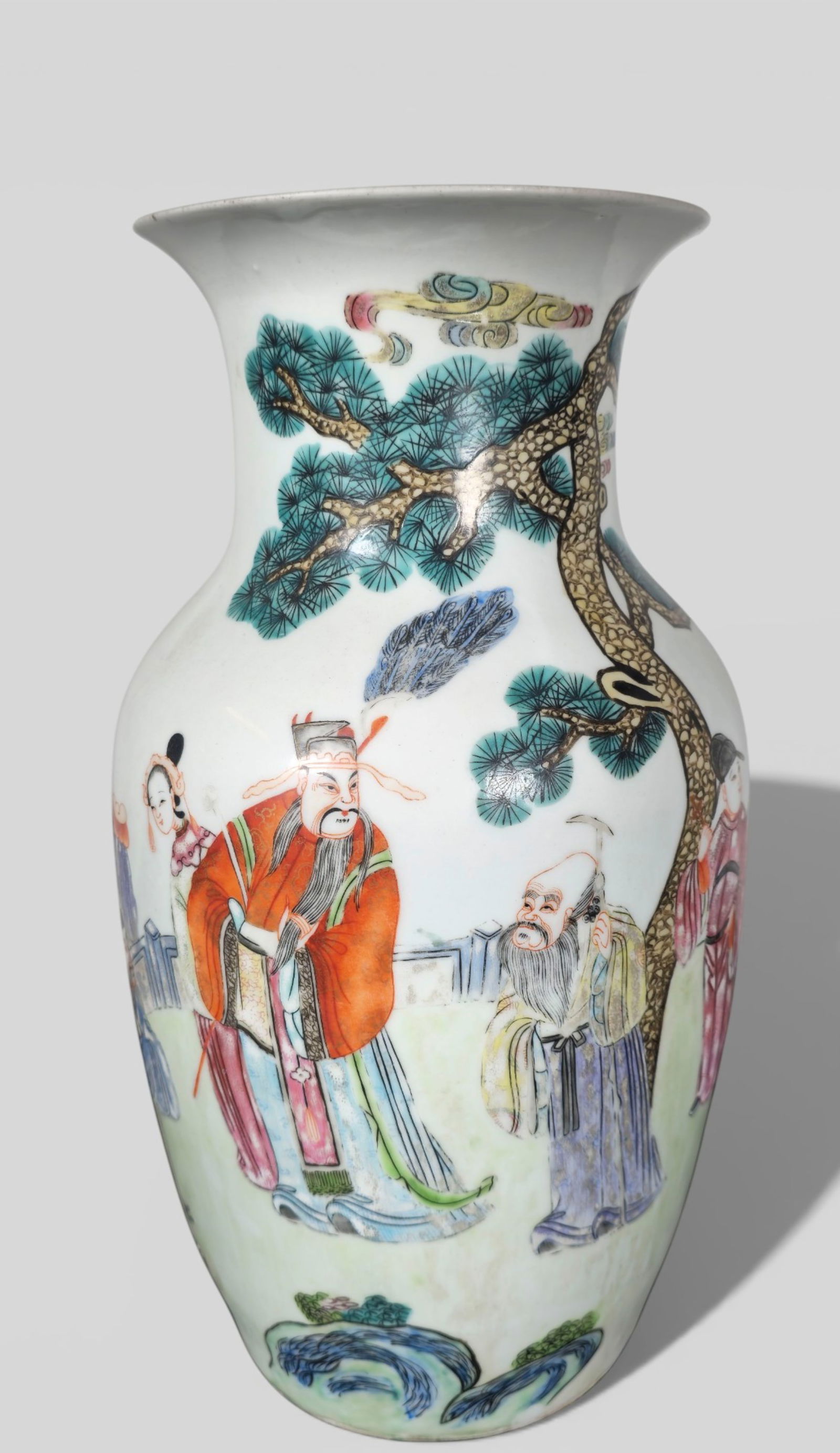 Chinese Famille Rose Porcelain Vase, Late Qing Dynasty: Chinese Famille Rose Porcelain Vase, Late Qing Dynasty. Chinese famille rose porcelain vase, late Qing Dynasty, decorated with several figures—possibly immortals—set within a garden