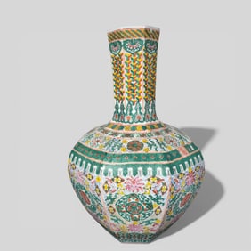 Chinese Famille Rose “Yangcai” Octagonal Vase with Flared Neck, Qianlong Mark