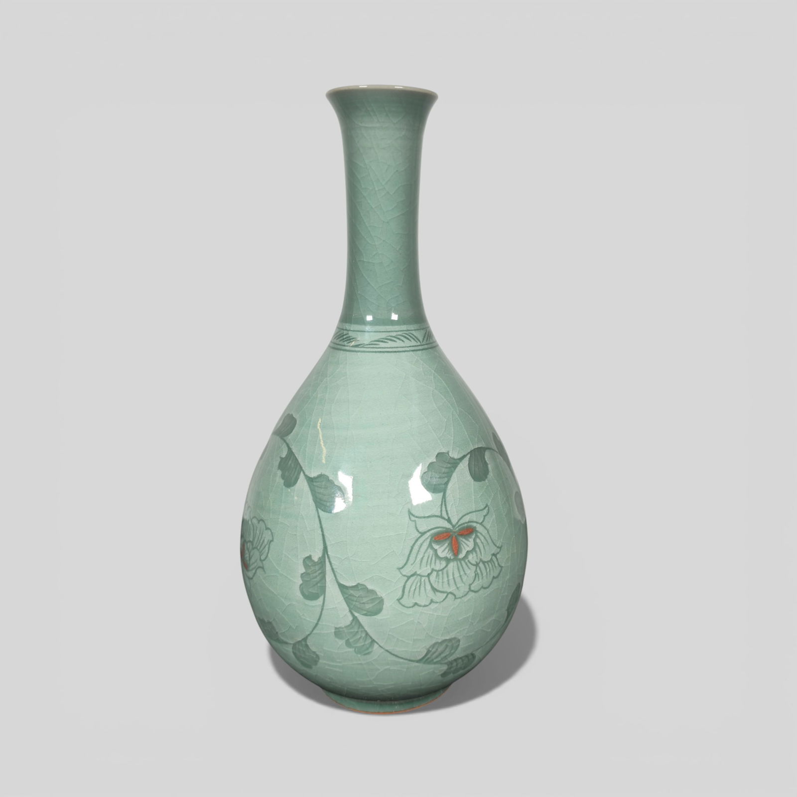 Korean Celadon Crackle‑Glazed Bottle Vase with Iron‑Red Lotus Decoration (1 of 13)