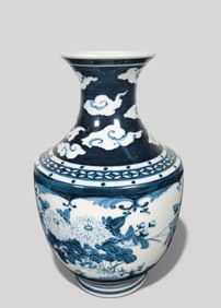 Chinese Blue and White Porcelain Vase with Chrysanthemums and Stylized Clouds