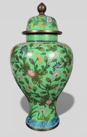 Chinese Cloisonné Enamel Temple Jar, Green Ground, 19th Century