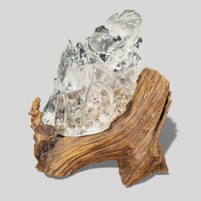 Chinese Rock Crystal Carving on Driftwood Stand