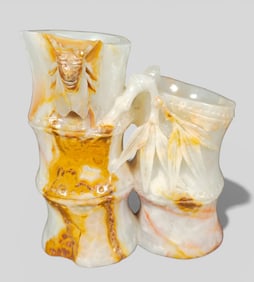 Chinese Carved Jade Double Bamboo Brush Pot with Cicada