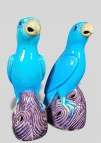 Pair of Chinese Blue Porcelain Export Parrots, 19th Century