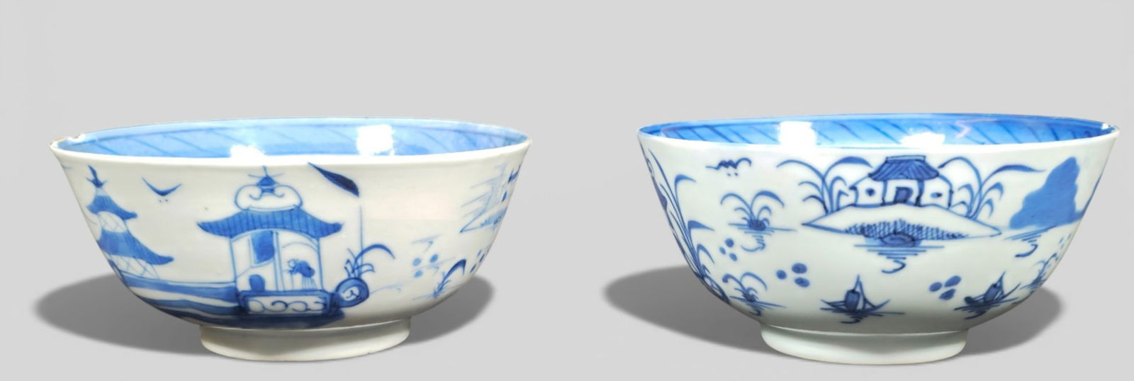 Pair of Chinese Blue and White Export Canton Footed Bowls, 18th Century: Pair of Chinese Blue and White Export Canton Footed Bowls, 18th Century. Pair of Chinese blue and white export Canton footed bowls, 18th century, each decorated in classic underglaze cobalt with lands