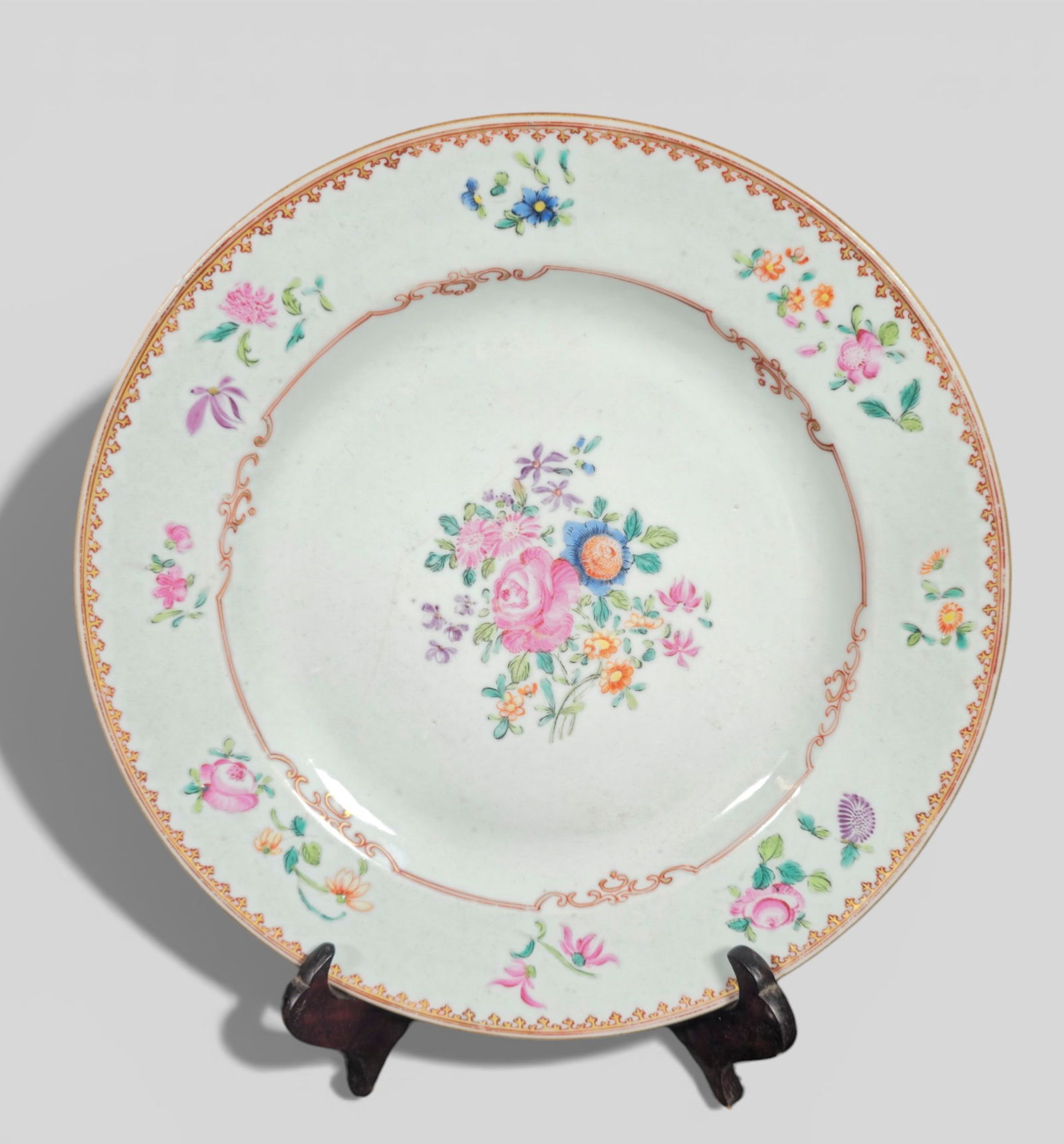 18th Century Chinese Export Porcelain Plate, Qianlong Period: 18th Century Chinese Export Porcelain Plate, Qianlong Period. 18th Century Chinese Export Porcelain Plate, Qianlong Period. (1760-1780) Decorated with floral bouquets, roses and peonies. Pigeon blood