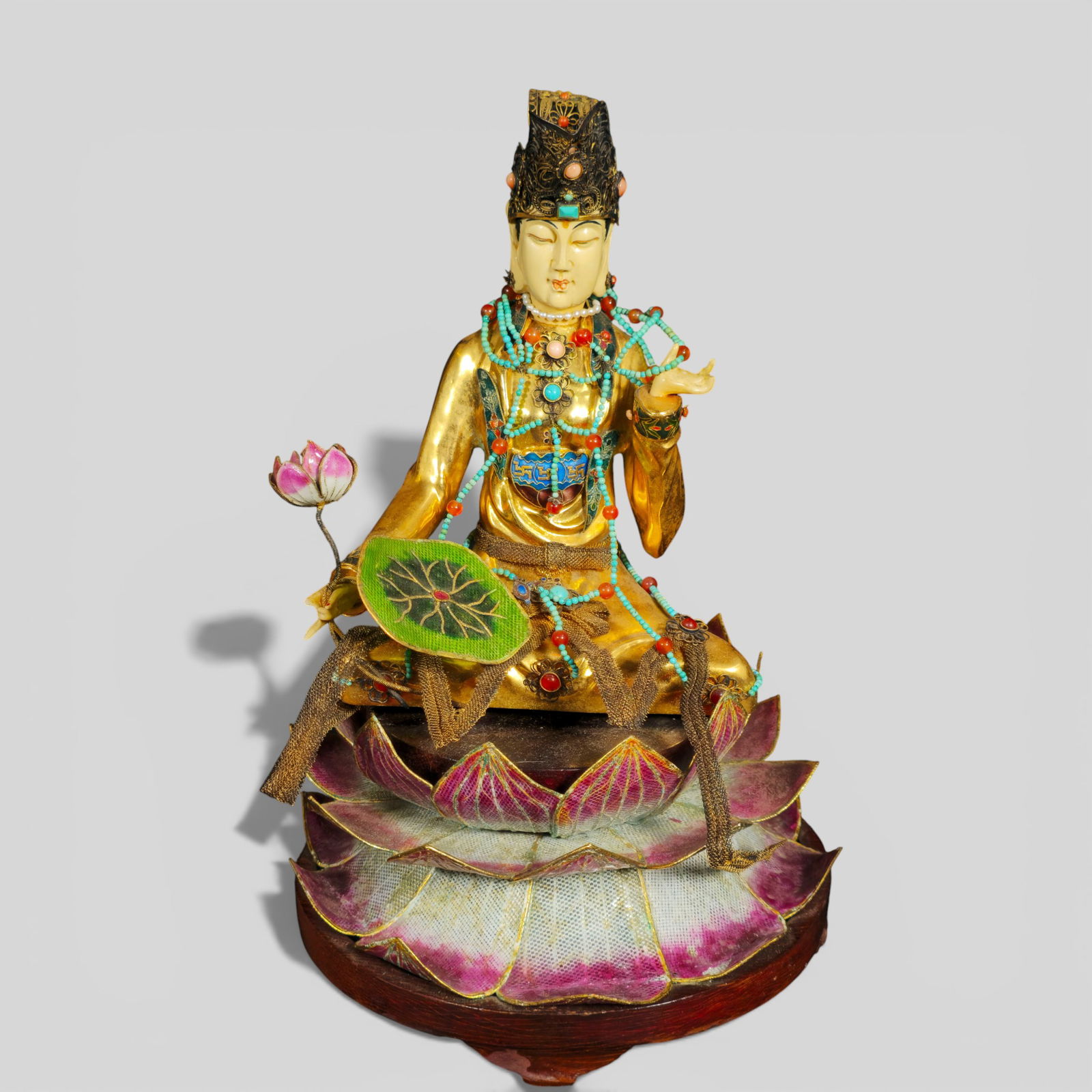 Chinese Bodhisattva (Guanyin) Figure with Gilded Garments and Enamel Lotus Base (1 of 14)