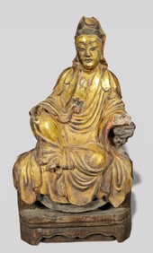Chinese 18th Century Gilt Wood Carved Guanyin on Throne