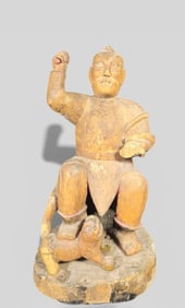 Chinese Carved Wood Deity with Animal Companion, Possibly Ming Dynasty