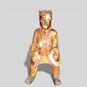 Chinese Gilt and Polychrome Carved Wood Figure of a Scholar, Possibly Ming Era
