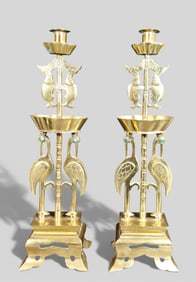 Pair of 18th‑Century Chinese Gilt‑Bronze Candelabras with Crane and Fish Motifs