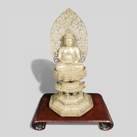 Finely Cast Chinese Silver Buddha on Lotus Base with Openwork Mandorla