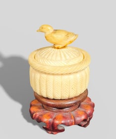 Finely Carved Japanese Netsuke Basket with Duck Finial on Rosewood Stand