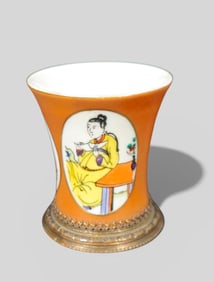 19th‑Century Chinese Tea‑Ground Porcelain Cabinet Vase with Bronze‑Mounted Foot