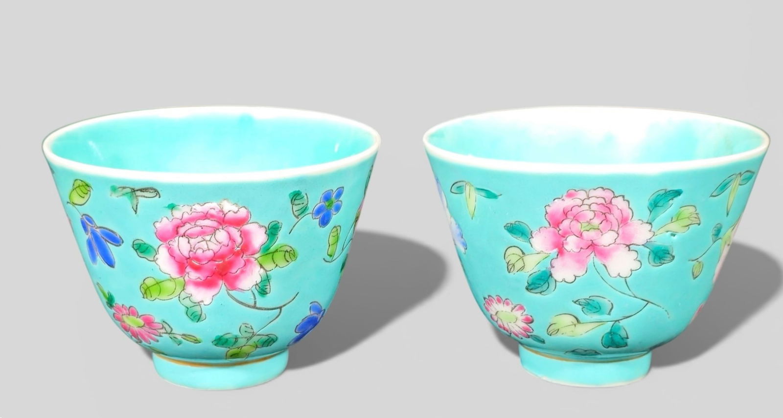 Pair of 19th‑Century Chinese Bluish‑Green Ground Floral Porcelain Tea Cups (1 of 16)