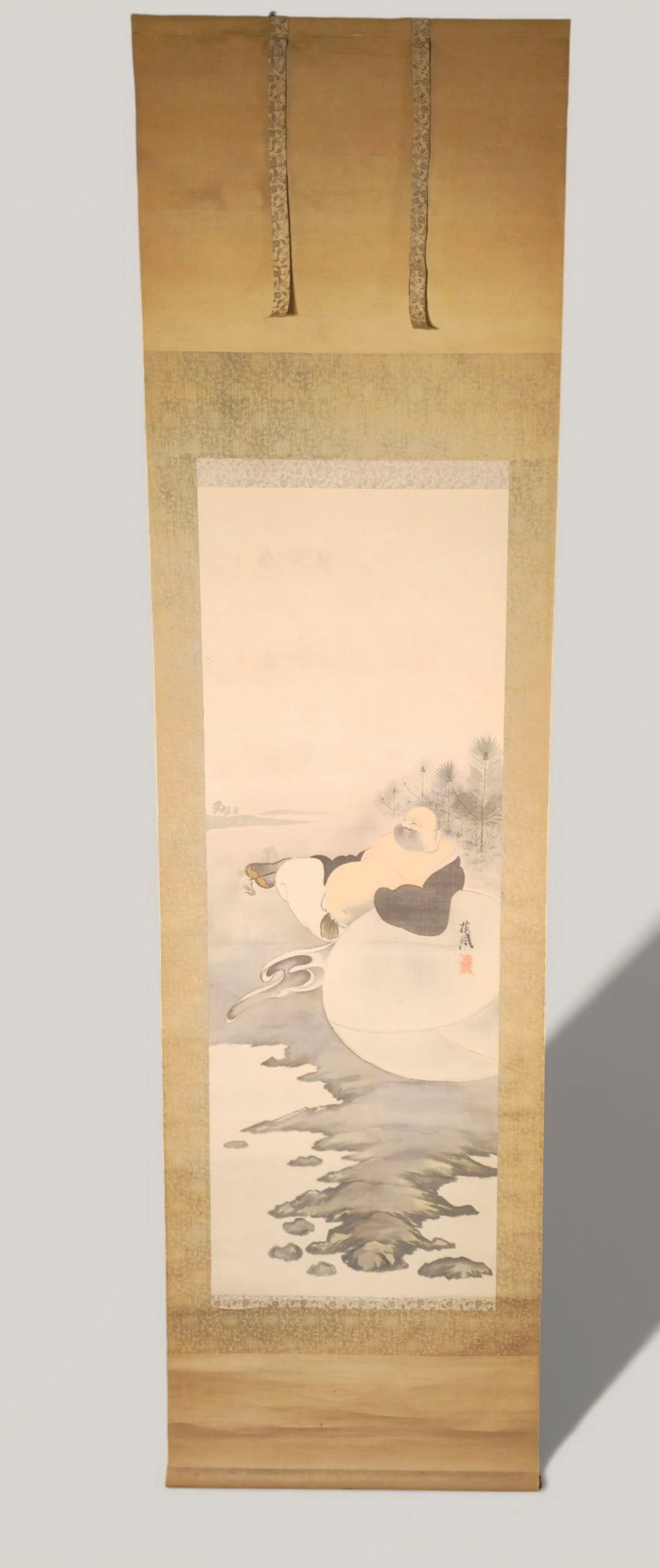 19th‑Century Meiji‑Period Scroll Painting of Hotei (Laughing Buddha): 19th Century Meiji Period Scroll Painting of Hotei (Laughing Buddha). 19th century Japanese Meiji period scroll painting depicting Hotei, the Laughing Buddha, rendered with expressive brushwork and a