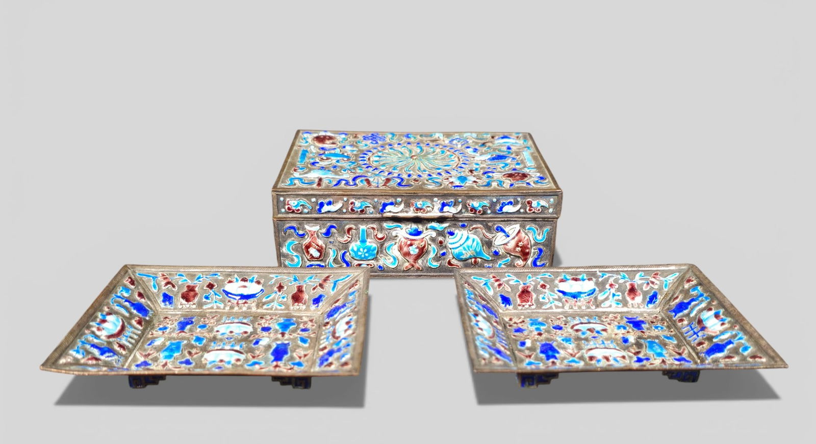 Chinese Enamelled Silver Buddhist Symbol Box with Two Matching Enamel Trays (1 of 13)