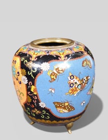 Japanese Tripod Cloisonné Vase with Phoenix and Three Scenic Panels, Probably Meiji Period