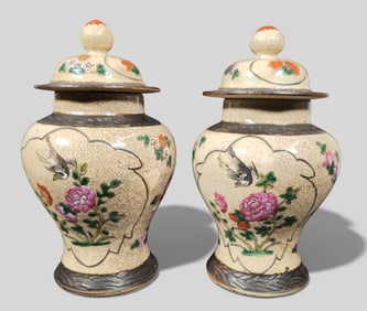 Pair of Chinese Crackle‑Glazed Jars with Lids, 19th Century Enamel‑Painted with Floral a