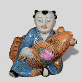 Chinese Porcelain Boy Holding a Large Carp, Probably Republic Period