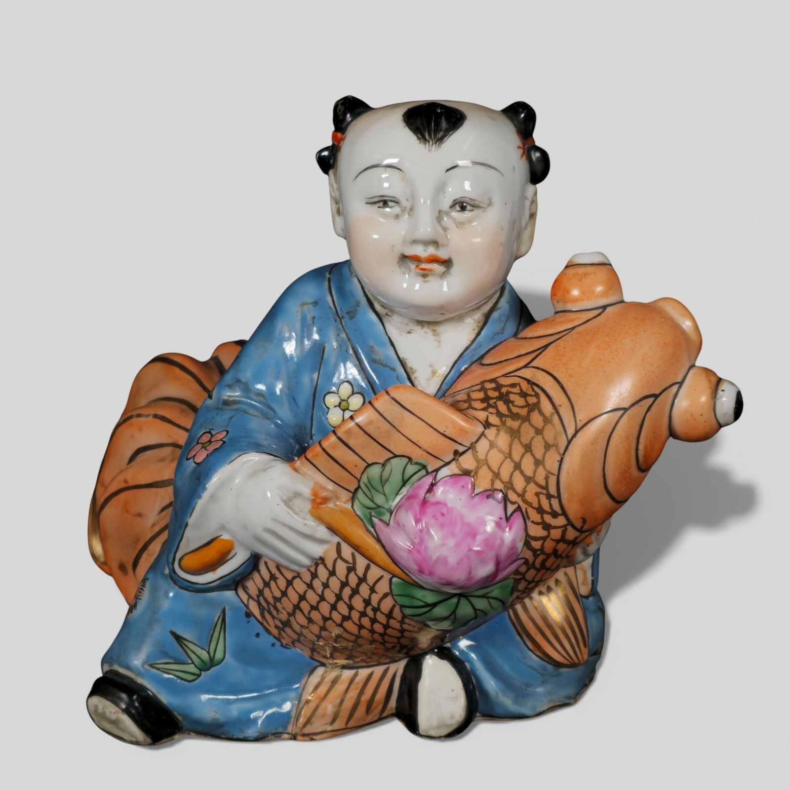 Chinese Porcelain Boy Holding a Large Carp, Probably Republic Period (1 of 7)