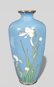 Japanese Cloisonné Vase with Orchids on Blue Enamel Ground, Meiji period