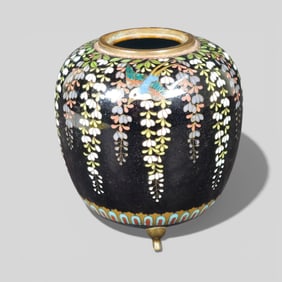 Japanese Cloisonné Three‑Legged Jar, Meiji Period - Black Enamel Ground