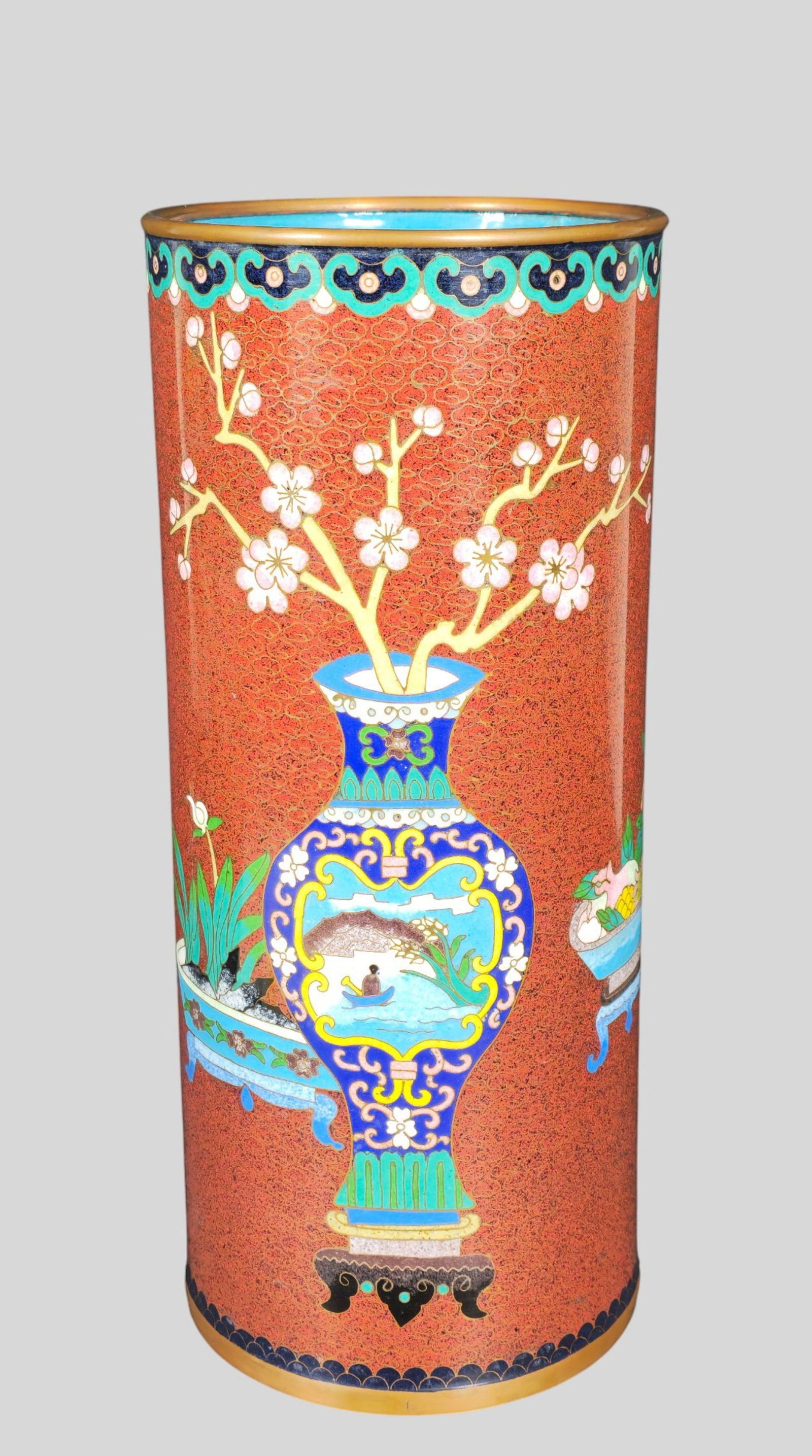 Chinese Finely Enameled Cloisonné Brush Pot -Large Form: Chinese Finely Enameled Cloisonné Brush Pot-Large Form. Large Chinese cloisonné brush pot finely enameled with vases, flowers, a Buddhist symbol, and a jardinière with fruit, along with additional