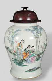 Large Chinese Porcelain Jar with Ladies in a Garden