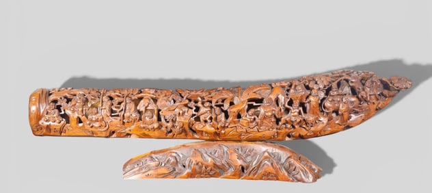 Monumental Chinese Carved Bamboo Figure Group on Stand