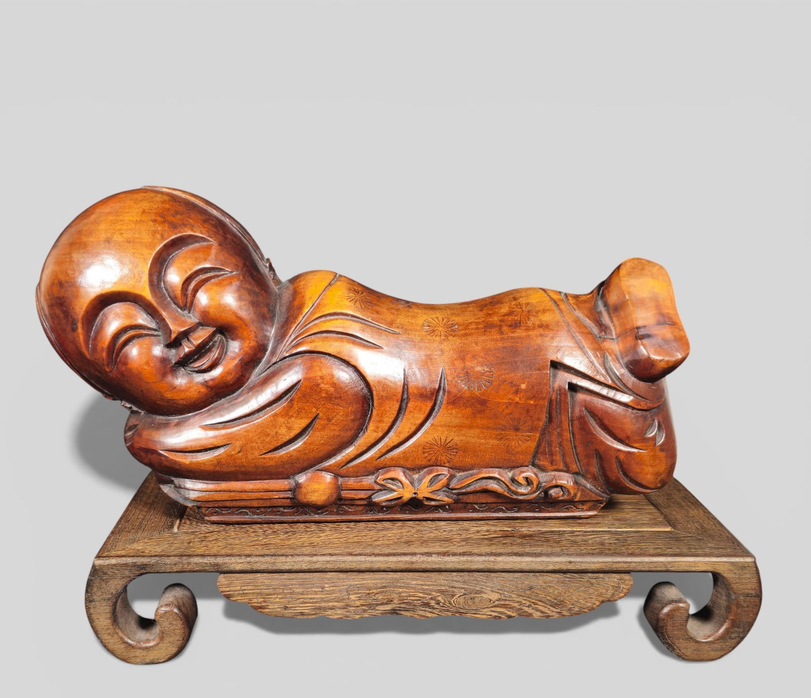 Chinese Wood‑Carved Buddha Pillow on Scroll Stand (1 of 14)
