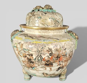 Large Japanese Satsuma Temple Jar with Lid, Meiji Period