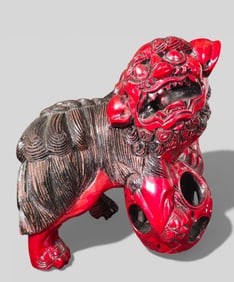 Chinese Wood‑Carved Buddhist Lion — Lacquer Finish