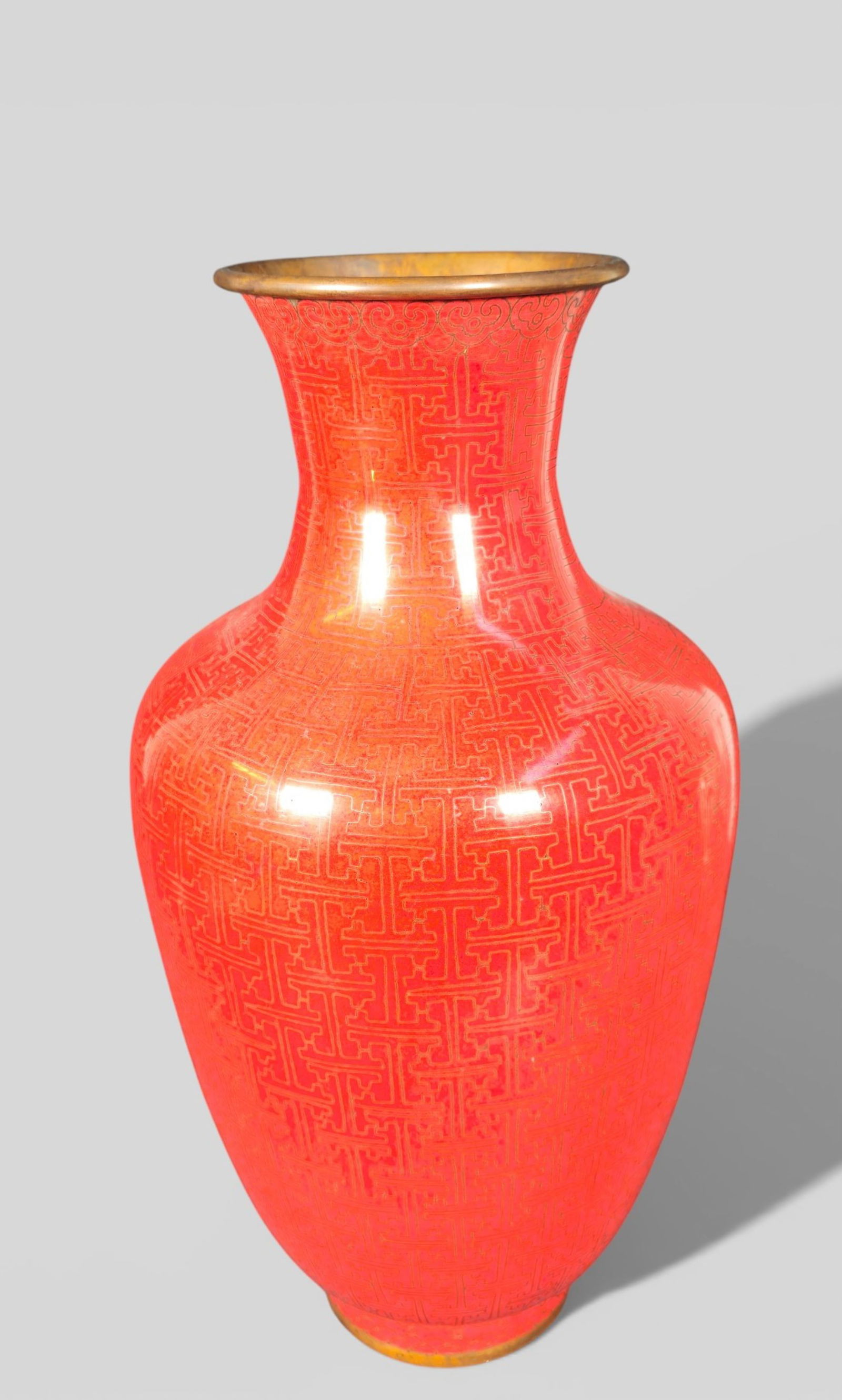 Large Chinese Red‑Ground Cloisonné Vase - Late Qing (1 of 9)