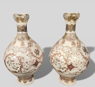 Pair of Japanese Satsuma Bottle Vases - Meiji Period