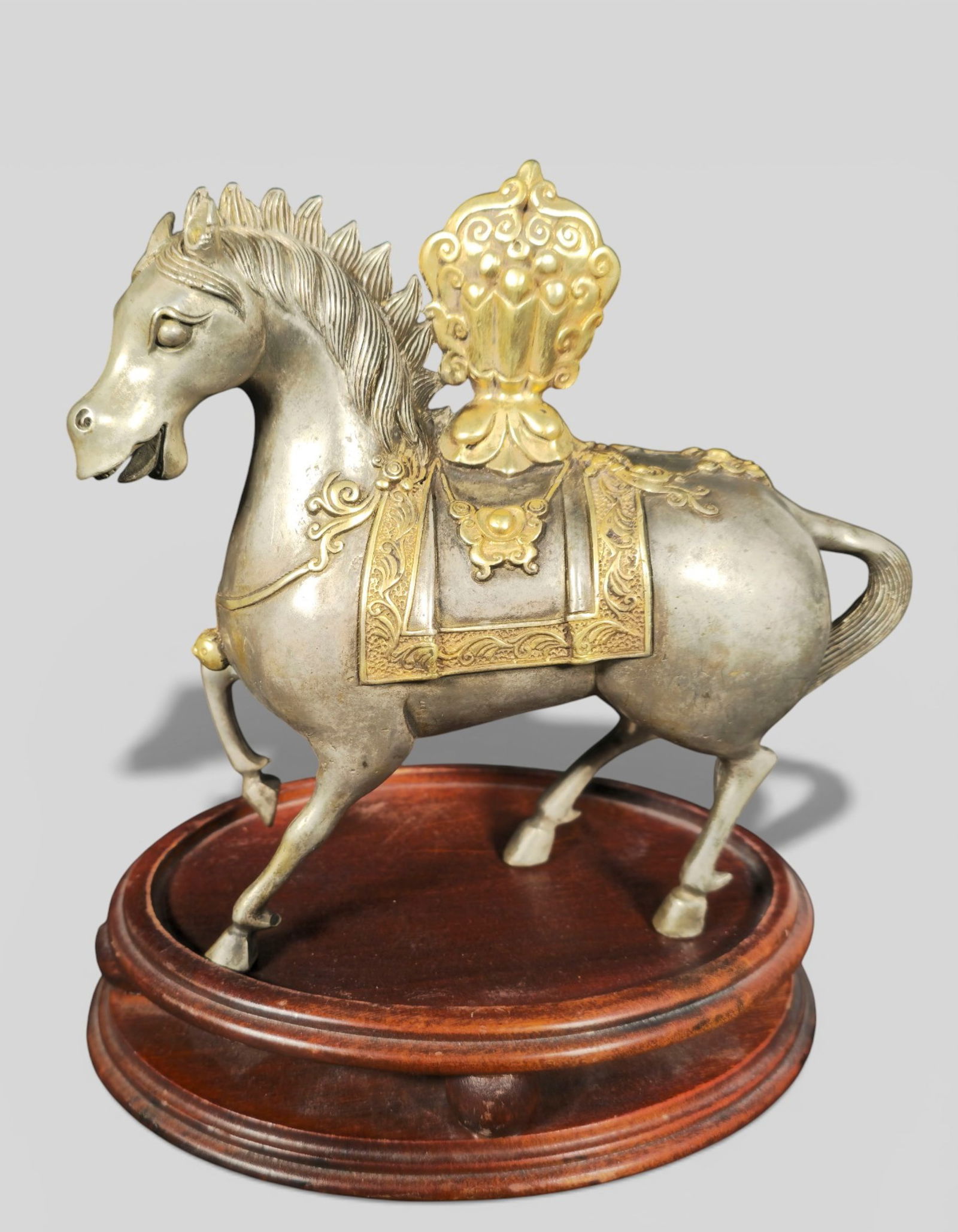 Silver and Gold Tibetan Buddhist Ritual Horse Statue; Rosewood Stand (1 of 10)