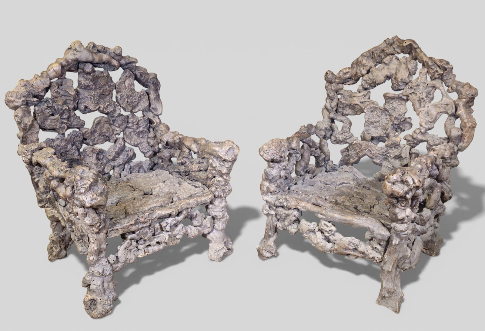Late 18th/Early 19th Century Very Rare Chinese Rootwood Throne/Armchairs: Late 18th/Early 19th Century Very Rare Chinese Rootwood Throne/Armchairs . A true original pair. (Not married) Excellent original finish and patina. According to an article at the MET Museum, chairs l