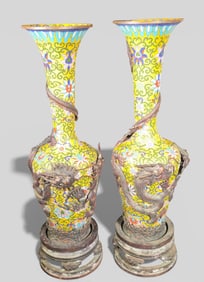 Rare Pair of Late 18th Century  Qianlong Cloisonné Enamel Dragon Vases, Fanggu