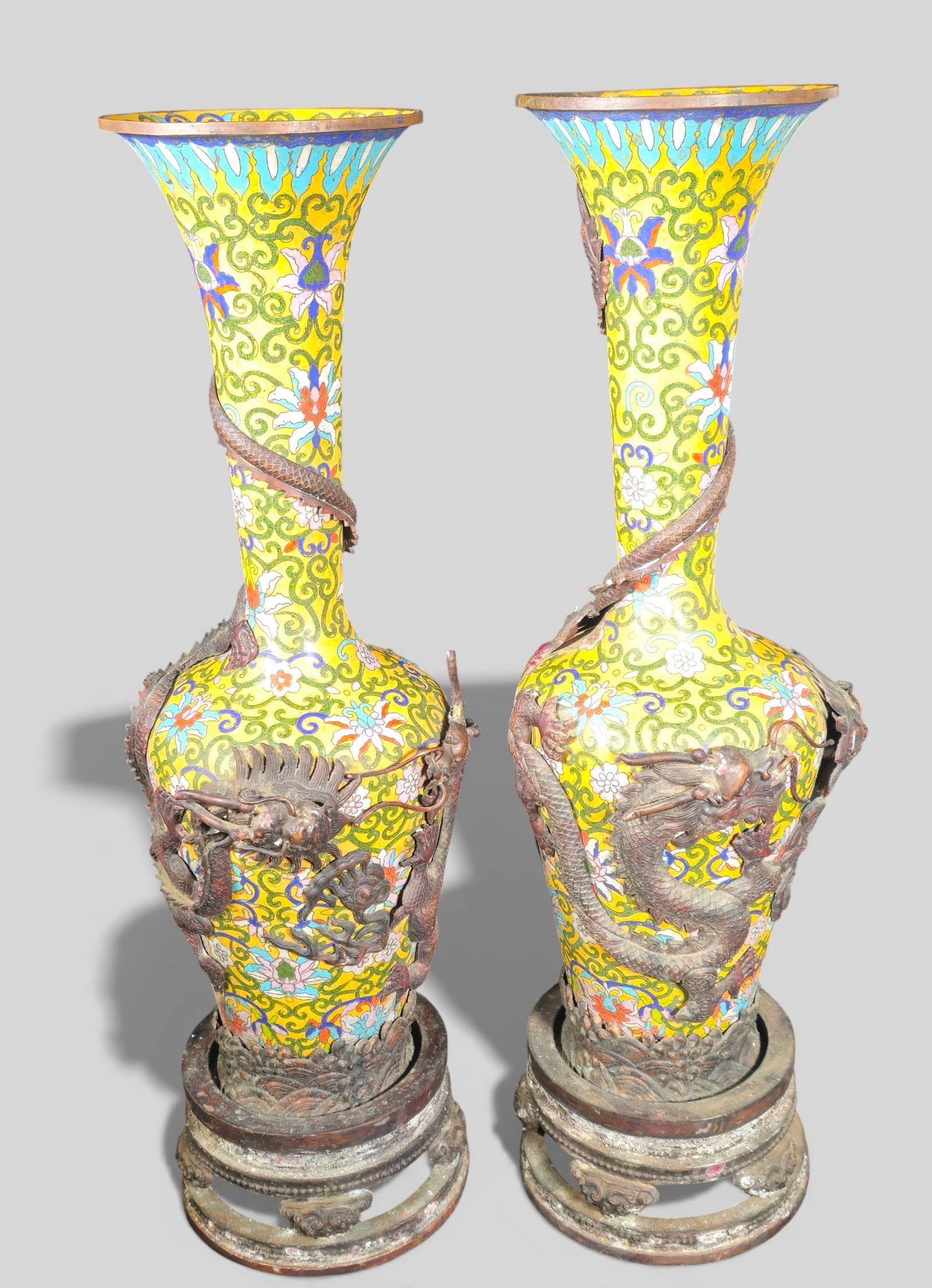 Rare Pair of Late 18th Century Qianlong Cloisonné Enamel Dragon Vases, Fanggu (1 of 17)