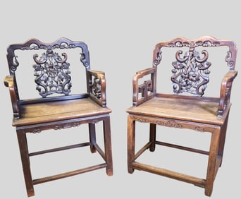 Chinese 19th Century Qing Dynasty Hongmu Wood Armchairs 