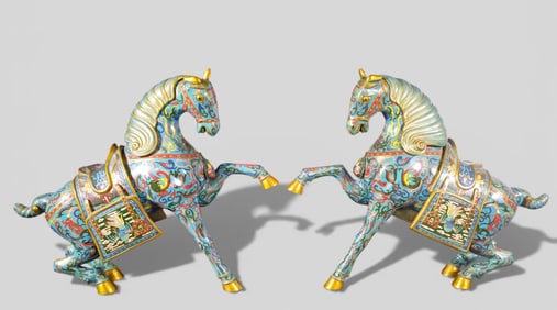 Large Chinese Cloisonne Enamel Horses