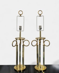 Pair of Mid-Century Brass Ring and Column Table Lamps