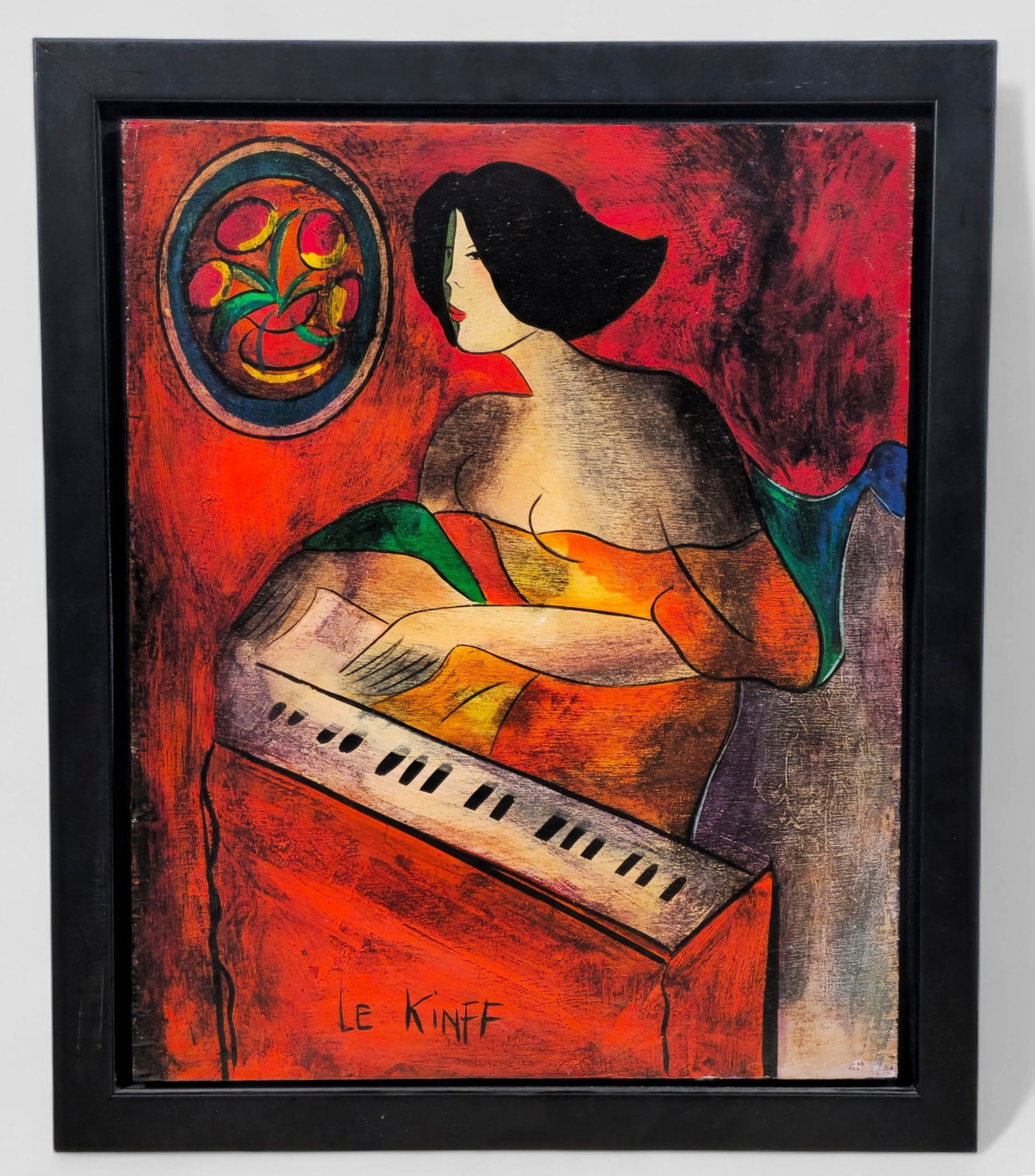 Linda Le Kinff Woman at the Piano Acrylic on Board: Linda Le Kinff (French, b. 1949), acrylic painting on board depicting a stylized seated woman at a piano, rendered in Le Kinff’s signature bold outlines and luminous layered colors. The